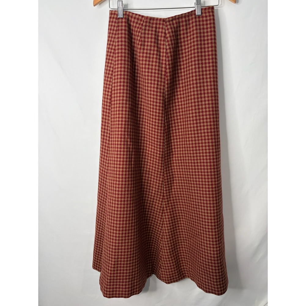 Vintage Red Tan Houndstooth Maxi Skirt Sz Small A-Line Plaid Academia Preppy